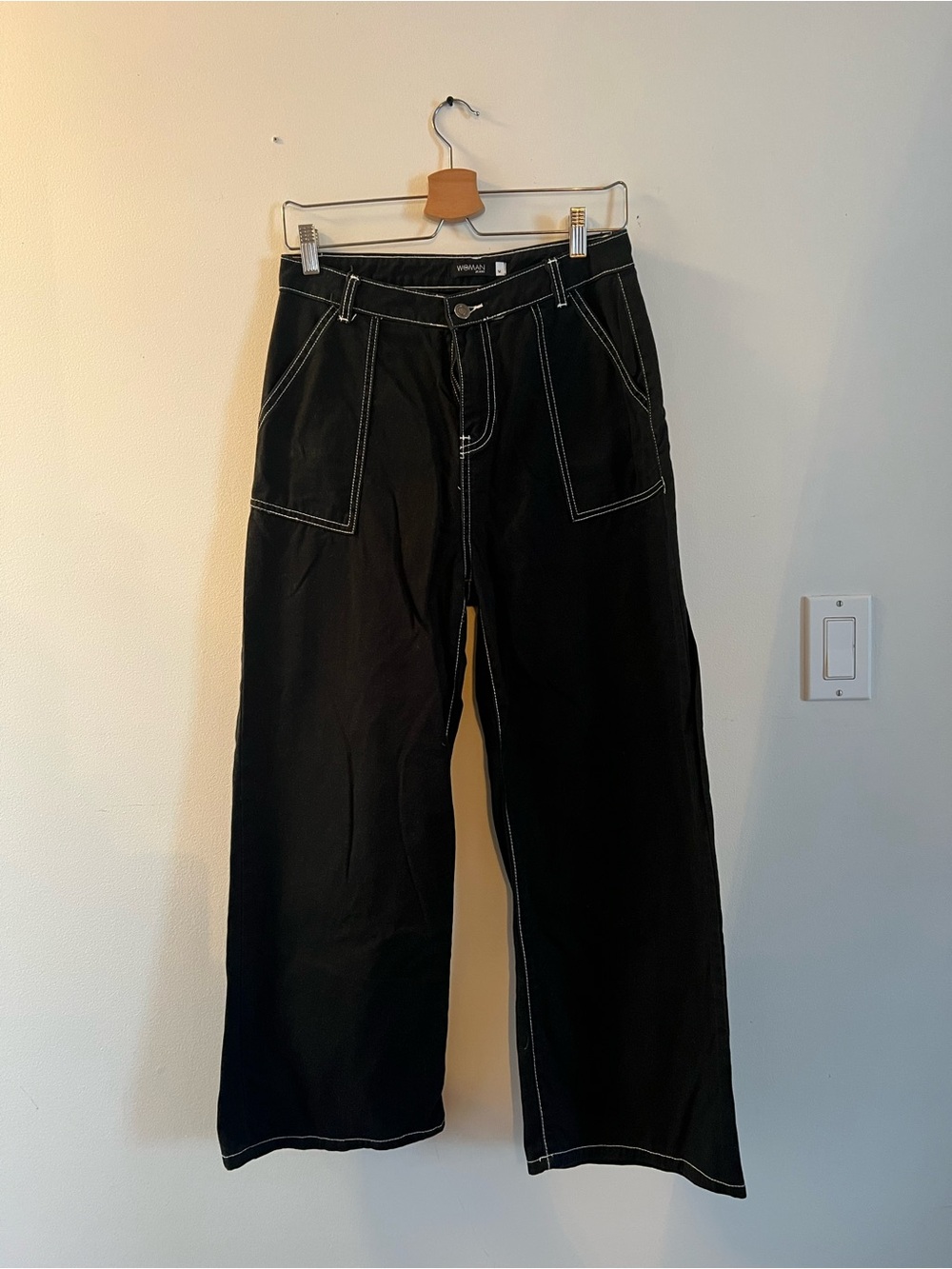 Wide Leg Black Jeans with Contrast Stitching - Womens